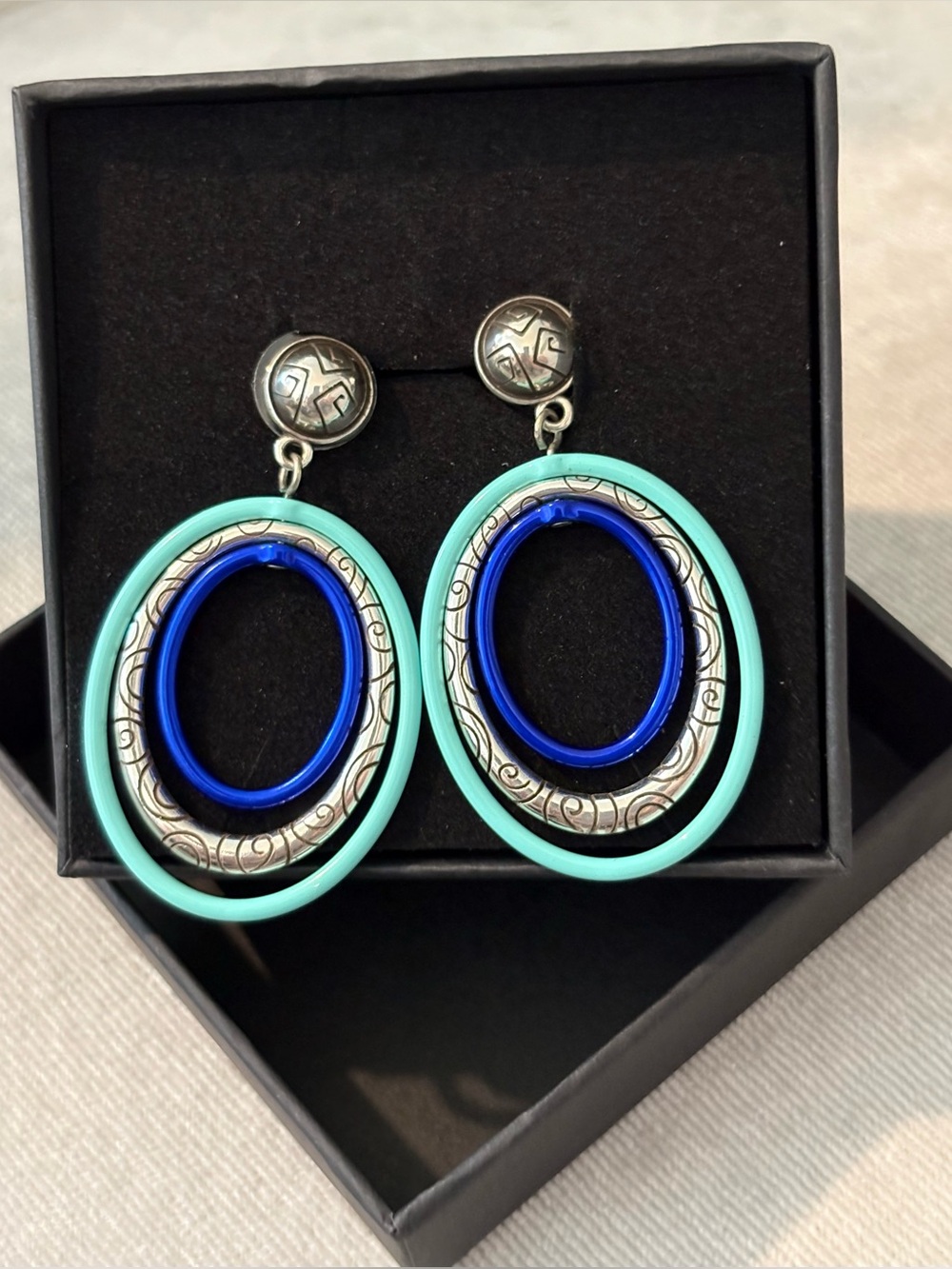 Brighton Silver-Tone Double Hoop Drop Earrings with Aqua and Cobalt Accents